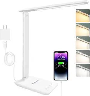 White crown LED Desk Lamp with 15W Wireless Charger & USB Port, Dimmable Table Lamp with 5 Lighting Modes, Sensitive Touch Control, Foldable & Portable Desk Light for Home, Office, Bedroom, Reading White crown LED Desk Lamp with 15W Wireless Charger & USB Port, Dimmable Table Lamp with 5 Lighting Modes, Sensitive Touch Control, Foldable & Portable Desk Light for Home, Office, Bedroom, Reading