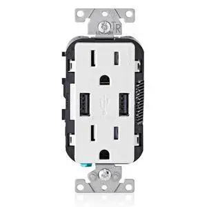 Leviton Type-A USB in-Wall Charger with 15A Tamper-Resistant Outlet, USB Charger for Smartphones, T5632-W, White Leviton Type-A USB in-Wall Charger with 15A Tamper-Resistant Outlet, USB Charger for Smartphones, T5632-W, White