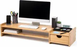 Bamboo 2-Tier Monitor Stand Riser with Drawers, Desktop Organizer for Laptop, Computer, Printer, Cellphone - Reduce Neck & Eye Strain, Office & Home Use Bamboo 2-Tier Monitor Stand Riser with Drawers, Desktop Organizer for Laptop, Computer, Printer, Cellphone - Reduce Neck & Eye Strain, Office & Home Use