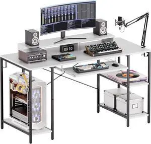 HYPIGO Computer Desk with Keyboard Tray, 55 Inch Music Studio Desk Music Production Desk with Storage Shelves Monitor Stands and 4 Iron Hooks, Workstation Gaming Table for Home Office HYPIGO Computer Desk with Keyboard Tray, 55 Inch Music Studio Desk Music Production Desk with Storage Shelves Monitor Stands and 4 Iron Hooks, Workstation Gaming Table for Home Office