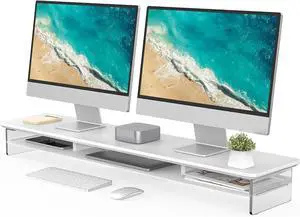 Fenge 42.5" Dual Monitor Stand with Clear Acrylic Legs, White | Clear Acrylic, Storage Compartment, 2-tier Home Office Monitor Riser, Wide Large Desktop Shelf Fit Monitor/Laptop/Printer Fenge 42.5" Dual Monitor Stand with Clear Acrylic Legs, White | Clear Acrylic, Storage Compartment, 2-tier Home Office Monitor Riser, Wide Large Desktop Shelf Fit Monitor/Laptop/Printer