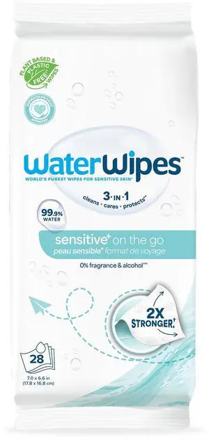 WaterWipes Sensitive+ On The Go Wipes, 3-In-1 Cleans, Cares, Protects, 99.9% Water, Unscented & Hypoallergenic Wet Wipes, 28 Count (Pack of 1) WaterWipes Sensitive+ On The Go Wipes, 3-In-1 Cleans, Cares, Protects, 99.9% Water, Unscented & Hypoallergenic Wet Wipes, 28 Count (Pack of 1)