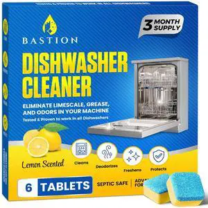 Bastion Dishwasher Cleaner Tablets, Lemon Scent, 3-Month Supply (6 Pods), Powerful Cleaning & Odor Removal, Descaling Tablets Bastion Dishwasher Cleaner Tablets, Lemon Scent, 3-Month Supply (6 Pods), Powerful Cleaning & Odor Removal, Descaling Tablets