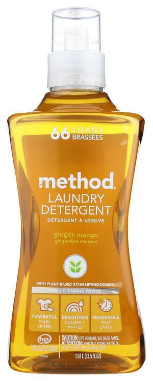 Method Liquid Laundry Detergent, Ginger Mango, 66 Loads Per Bottle, Hypoallergenic + Stain Remover, 53.5 Fl Oz (Pack of 1) Method Liquid Laundry Detergent, Ginger Mango, 66 Loads Per Bottle, Hypoallergenic + Stain Remover, 53.5 Fl Oz (Pack of 1)