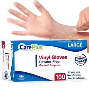 CARE PLUS Latex-Free Vinyl Gloves Clear Large Size 100 Count | Heavy Duty, Non-Sterile, Powder-Free, Rubber | Food Prep, Kitchen & Cleaning Gloves, Ideal for Professional Use CARE PLUS Latex-Free Vinyl Gloves Clear Large Size 100 Count | Heavy Duty, Non-Sterile, Powder-Free, Rubber | Food Prep, Kitchen & Cleaning Gloves, Ideal for Professional Use