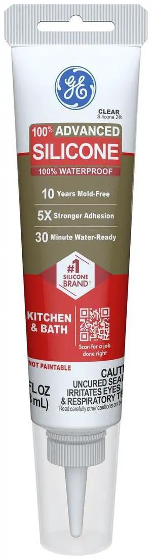 GE Advanced Silicone Caulk for Kitchen & Bathroom, Clear, 2.8 fl oz Tube, 1 Pack - 100% Waterproof Silicone Sealant, 5X Stronger Adhesion, Shrink & Crack Proof GE Advanced Silicone Caulk for Kitchen & Bathroom, Clear, 2.8 fl oz Tube, 1 Pack - 100% Waterproof Silicone Sealant, 5X Stronger Adhesion, Shrink & Crack Proof