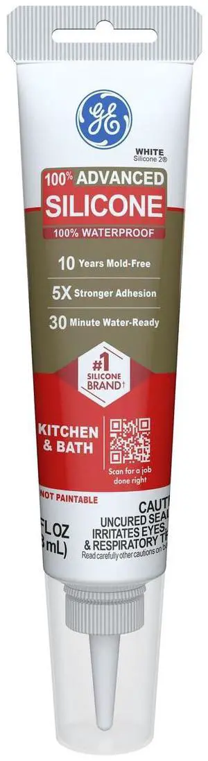 GE Advanced Silicone Caulk for Kitchen & Bathroom, White, 2.8 fl oz Tube, 1 Pack - 100% Waterproof Silicone Sealant, 5X Stronger Adhesion, Shrink & Crack Proof GE Advanced Silicone Caulk for Kitchen & Bathroom, White, 2.8 fl oz Tube, 1 Pack - 100% Waterproof Silicone Sealant, 5X Stronger Adhesion, Shrink & Crack Proof
