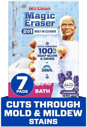 Mr. Clean Magic Eraser Sponge, Bathroom Cleaner, Shower Cleaner, Tub Cleaner, Soap Scum Remover, Bathroom Cleaning Supplies, Dawn Cleaning Power with Febreze Lavender Scent, 2 in 1 Bath, 7ct Mr. Clean Magic Eraser Sponge, Bathroom Cleaner, Shower Cleaner, Tub Cleaner, Soap Scum Remover, Bathroom Cleaning Supplies, Dawn Cleaning Power with Febreze Lavender Scent, 2 in 1 Bath, 7ct