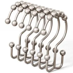 DAWNER Shower Curtain Hooks, Rust Proof Metal Easy Glide Double Rings, Stainless Steel Hangers for Bathroom Curtains, Set of 12, Brushed Nickel DAWNER Shower Curtain Hooks, Rust Proof Metal Easy Glide Double Rings, Stainless Steel Hangers for Bathroom Curtains, Set of 12, Brushed Nickel