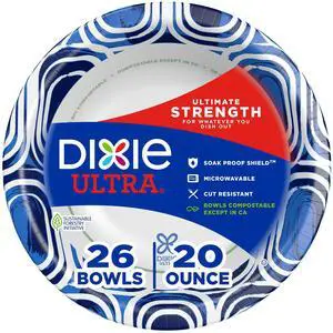 Dixie Ultra, Large Paper Bowls, 20 Oz, 26 Count, Microwave Safe, Compostable, Disposable Bowls Great For Breakfast, Lunch, And Dinner Meals Dixie Ultra, Large Paper Bowls, 20 Oz, 26 Count, Microwave Safe, Compostable, Disposable Bowls Great For Breakfast, Lunch, And Dinner Meals
