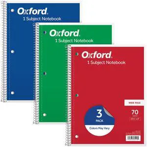 Oxford 1-Subject Notebooks, School Journal, 8 x 10-1/2 Inch, Wide Rule Paper, 70 Sheets, 3-Hole Punch, 3 Pack, Red, Blue, Green, Color Assortment May Vary (65029) Oxford 1-Subject Notebooks, School Journal, 8 x 10-1/2 Inch, Wide Rule Paper, 70 Sheets, 3-Hole Punch, 3 Pack, Red, Blue, Green, Color Assortment May Vary (65029)