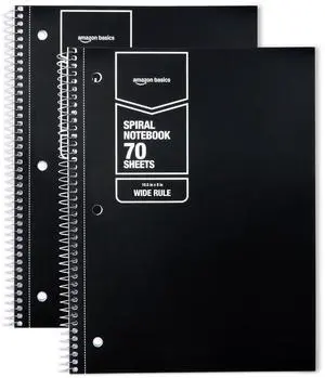 Wide-Ruled Spiral Notebooks, 8" x 10-1/2", 70 Sheets, Black, 2-Pack Wide-Ruled Spiral Notebooks, 8" x 10-1/2", 70 Sheets, Black, 2-Pack