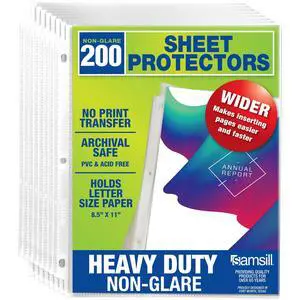Samsill 200 Pack Heavy Duty Sheet Protectors, Non-Glare, 8.5x11 Inch Page Protectors for 3 Ring Binder, Letter Size Protectors, Reinforced Holes, Non-Glare Protector, Top Loading, Acid Free Samsill 200 Pack Heavy Duty Sheet Protectors, Non-Glare, 8.5x11 Inch Page Protectors for 3 Ring Binder, Letter Size Protectors, Reinforced Holes, Non-Glare Protector, Top Loading, Acid Free