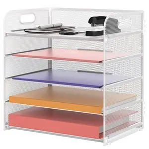 Supeasy 5 Trays Paper Organizer Letter Tray with Handle-Mesh Desk File Holders, Paper Sorter Desk Organizer for Office, Home, Classroom or School, White Supeasy 5 Trays Paper Organizer Letter Tray with Handle-Mesh Desk File Holders, Paper Sorter Desk Organizer for Office, Home, Classroom or School, White