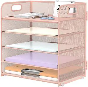 Supeasy 5 Trays Paper Organizer Letter Tray with Handle-Mesh Desk File Holders, Paper Sorter Desk Organizer for Office, Home, Classroom or School, Pink Supeasy 5 Trays Paper Organizer Letter Tray with Handle-Mesh Desk File Holders, Paper Sorter Desk Organizer for Office, Home, Classroom or School, Pink