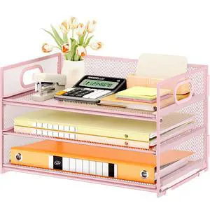 Subekyu 3 Tier Paper Letter Tray Organizer for Desk, Pink Metal Mesh File Folder Sorter Organizer with Handle and 1 PC Sliding Tray for Home Office School Desk Supplies Organization Storage Subekyu 3 Tier Paper Letter Tray Organizer for Desk, Pink Metal Mesh File Folder Sorter Organizer with Handle and 1 PC Sliding Tray for Home Office School Desk Supplies Organization Storage