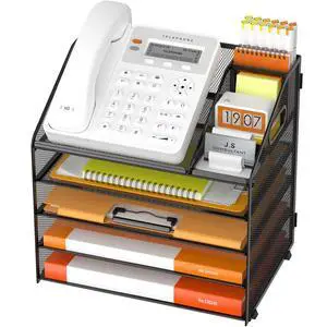 DocNest 5 Tier Metal Mesh Desk File Organizer with Phone Shelf, Black DocNest 5 Tier Metal Mesh Desk File Organizer with Phone Shelf, Black