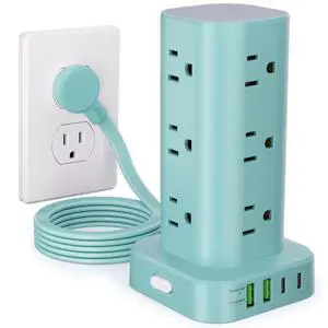 Power Strip Tower with Multiple Outlets, Flat Plug Surge Protector Tower Extension Cord with 12 AC Outlets 4 USB Ports (2 USB C), 6FT Cord Power Tower Surge Protector for Home Office Dorm Room, Blue Power Strip Tower with Multiple Outlets, Flat Plug Surge Protector Tower Extension Cord with 12 AC Outlets 4 USB Ports (2 USB C), 6FT Cord Power Tower Surge Protector for Home Office Dorm Room, Blue