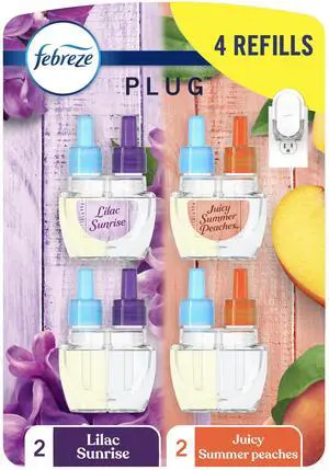 Plug In Air Freshener, Odor-Fighting Scented Oil Refill, Air Fresheners for Home and Bathroom and Kitchen, Long Lasting for Strong Odors, Lilac and Peach Scent, 0.87oz Refills, 4 Count Plug In Air Freshener, Odor-Fighting Scented Oil Refill, Air Fresheners for Home and Bathroom and Kitchen, Long Lasting for Strong Odors, Lilac and Peach Scent, 0.87oz Refills, 4 Count