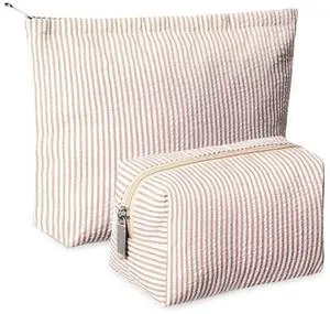 2 Pcs Makeup Bag Set Cute Cosmetic Pouch for Women Seersucker Travel Toiletry Bag Preppy Small Makeup Purse Pouch Aesthetic Skincare Brushes Storage Organizer for Valentine Women(Khaki) 2 Pcs Makeup Bag Set Cute Cosmetic Pouch for Women Seersucker Travel Toiletry Bag Preppy Small Makeup Purse Pouch Aesthetic Skincare Brushes Storage Organizer for Valentine Women(Khaki)