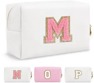 Personalized Makeup Bag Initial A-Z Preppy Patch Bag,Small PU Leather Travel Cosmetic Bag Pouch with Zipper,White Cute Toiletry Bag,Gift Ideal for Teen Girls Women Birthday Friend Mom,Letter M Personalized Makeup Bag Initial A-Z Preppy Patch Bag,Small PU Leather Travel Cosmetic Bag Pouch with Zipper,White Cute Toiletry Bag,Gift Ideal for Teen Girls Women Birthday Friend Mom,Letter M