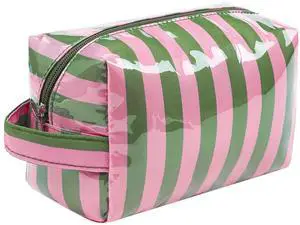 PVC Striped Makeup Bag,Easy to Clean,Waterproof Clear Coated Cosmetic Bag,Cute Travel Organizer Zipper Pouch for Beach Vacation Essentials(02Green Pink) PVC Striped Makeup Bag,Easy to Clean,Waterproof Clear Coated Cosmetic Bag,Cute Travel Organizer Zipper Pouch for Beach Vacation Essentials(02Green Pink)