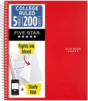 Spiral Notebook + Study App, 5 Subject, College Ruled Paper, 8-1/2" x 11", 200 Sheets, Fights Ink Bleed, Water Resistant Cover, Fire Red (72077) Spiral Notebook + Study App, 5 Subject, College Ruled Paper, 8-1/2" x 11", 200 Sheets, Fights Ink Bleed, Water Resistant Cover, Fire Red (72077)