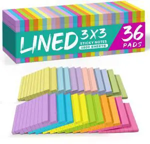 Lined Sticky Notes, 36 Pads, 3 x 3 Inches, 50 Sheets/Pad, Bright Lined Sticky Notes, 36 Pads, 3 x 3 Inches, 50 Sheets/Pad, Bright