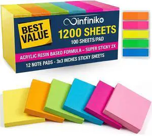 12 Pads Sticky Notes 3x3, 1200 Sheets Very Very Sticky, Bright Neon Color 12 Pads Sticky Notes 3x3, 1200 Sheets Very Very Sticky, Bright Neon Color
