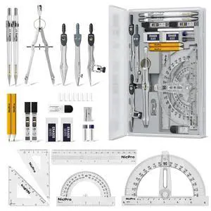 22 PCS Compass Geometry Tools with Case, Drafting Tools Geometry Set with Swing Arm Protractor, Rulers, Metal Compass, Square Set, Mechanical Pencil, Back to School Supplies for Students 22 PCS Compass Geometry Tools with Case, Drafting Tools Geometry Set with Swing Arm Protractor, Rulers, Metal Compass, Square Set, Mechanical Pencil, Back to School Supplies for Students