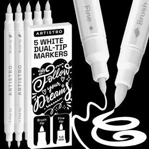 5 White Dual-Tip Acrylic Paint Marker Pens for Drawing 5 White Dual-Tip Acrylic Paint Marker Pens for Drawing