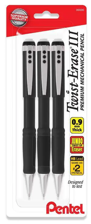 Mechanical Pencil 0.9 mm Twist Erase III, Twist Up Eraser, Pre-Loaded Super Hi-Polymer HB Lead, Black Barrel, 3-Pack Mechanical Pencil 0.9 mm Twist Erase III, Twist Up Eraser, Pre-Loaded Super Hi-Polymer HB Lead, Black Barrel, 3-Pack