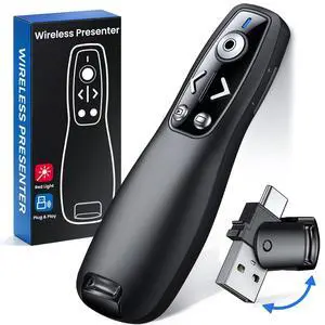 Presentation Clicker with USB-A & USB-C Receiver, 2.4GHz Wireless Presenter Remote with Volume Control & Red Light Pointer, Clicker for PowerPoint Slides Slide Advancer for Mac Computer, Plug & Play Presentation Clicker with USB-A & USB-C Receiver, 2.4GHz Wireless Presenter Remote with Volume Control & Red Light Pointer, Clicker for PowerPoint Slides Slide Advancer for Mac Computer, Plug & Play