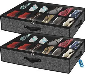 Under Bed Shoe Storage Organizer for Closet Fits 24 Pairs-Sturdy Underbed Shoe Storage Box Bins,Set of 2 (Linen-like Black) Under Bed Shoe Storage Organizer for Closet Fits 24 Pairs-Sturdy Underbed Shoe Storage Box Bins,Set of 2 (Linen-like Black)