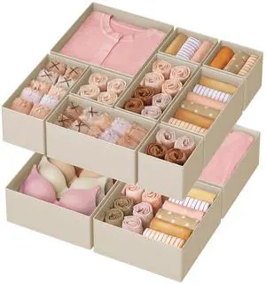Drawer Organizers, Dresser Divider Organizers, Set of 12, Foldable Fabric Storage Boxes for Socks, Underwear, Bras, Ties, Scarves, Summer Sand URDZ006Y02 Drawer Organizers, Dresser Divider Organizers, Set of 12, Foldable Fabric Storage Boxes for Socks, Underwear, Bras, Ties, Scarves, Summer Sand URDZ006Y02