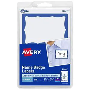 Customizable Name Tags, 2-1/3" x 3-3/8", White with Blue Border, 100 Removable Name Badges (05144) Customizable Name Tags, 2-1/3" x 3-3/8", White with Blue Border, 100 Removable Name Badges (05144)