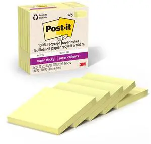 100% Recycled Super Sticky Notes, 3 x 3 in, Canary Yellow, 5 Pads 100% Recycled Super Sticky Notes, 3 x 3 in, Canary Yellow, 5 Pads