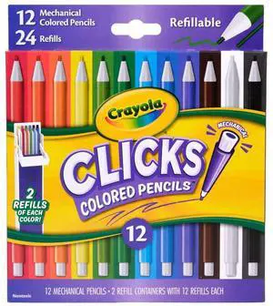 Clicks 2.0mm Mechanical Colored Pencil Set, 12 Assorted Colors, Coloring Pencils for Kids, No Sharpen, 24 Replacement Cores, Ages 5+ Clicks 2.0mm Mechanical Colored Pencil Set, 12 Assorted Colors, Coloring Pencils for Kids, No Sharpen, 24 Replacement Cores, Ages 5+
