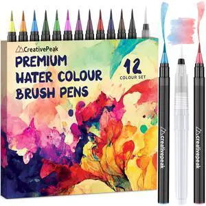 Watercolor Brush Pens - 12 Vibrant Soft Tip Coloring Markers with Blending Brush - Premium Art Supplies for Calligraphy, Lettering, Coloring & Journaling Watercolor Brush Pens - 12 Vibrant Soft Tip Coloring Markers with Blending Brush - Premium Art Supplies for Calligraphy, Lettering, Coloring & Journaling