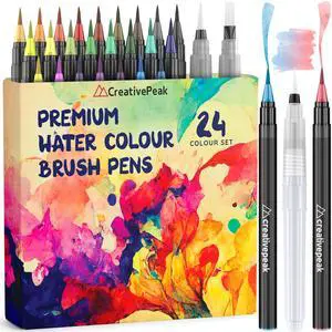 Watercolor Brush Pens - 24 Vibrant Soft Tip Coloring Markers with 2 Blending Brushes - Premium Art Supplies for Calligraphy, Lettering, Coloring & Journaling Watercolor Brush Pens - 24 Vibrant Soft Tip Coloring Markers with 2 Blending Brushes - Premium Art Supplies for Calligraphy, Lettering, Coloring & Journaling