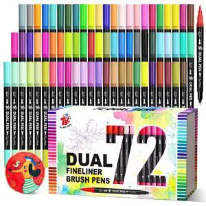 Brush Pens for Adult Coloring Books, 72 Colors Dual Tip Art Markers Fine Tip for Outlining + Brush Tip for Coloring, Water-Based Non-Bleeding Markers for Journaling, Calligraphy, Hand Lettering Brush Pens for Adult Coloring Books, 72 Colors Dual Tip Art Markers Fine Tip for Outlining + Brush Tip for Coloring, Water-Based Non-Bleeding Markers for Journaling, Calligraphy, Hand Lettering