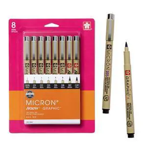 Pigma Micron, Graphic & Brush Fineline Pens, Archival Black Ink, 8 PK 30067 Pigma Micron, Graphic & Brush Fineline Pens, Archival Black Ink, 8 PK 30067