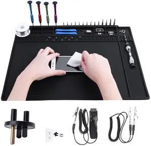 Anti Static Mat Includes ESD Wristband and Grounding Wire and Grounding Plug for Electronics Repair, Premium Heat Resistant ESD Safe Soldering Mat (17.7" x 13.6") Anti Static Mat Includes ESD Wristband and Grounding Wire and Grounding Plug for Electronics Repair, Premium Heat Resistant ESD Safe Soldering Mat (17.7" x 13.6")