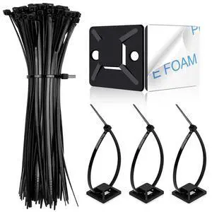 1 in Adhesive Zip Tie Mounts with 8 in Zip Ties, black 100 Sets 1 in Adhesive Zip Tie Mounts with 8 in Zip Ties, black 100 Sets