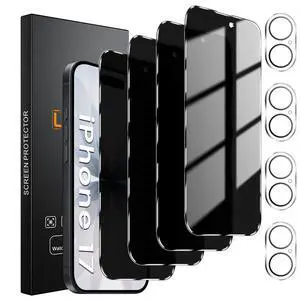 4 Pack Privacy Screen Protector for iPhone 17 6.3-Inch with 4 Pack Camera Lens Protector, Anti Spy Tempered Glass Film 9H Hardness Bubble Free Case Friendly 4 Pack Privacy Screen Protector for iPhone 17 6.3-Inch with 4 Pack Camera Lens Protector, Anti Spy Tempered Glass Film 9H Hardness Bubble Free Case Friendly