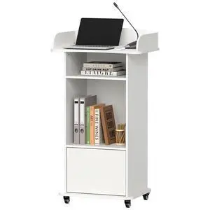 Portable Podium Stand with 4 Metal Wheels, Mobile Lectern Stand with Storage for Church Classroom Restaurant Reception Office Presentation, Wooden Pulpit Desk for Hostess Teacher (White) Portable Podium Stand with 4 Metal Wheels, Mobile Lectern Stand with Storage for Church Classroom Restaurant Reception Office Presentation, Wooden Pulpit Desk for Hostess Teacher (White)