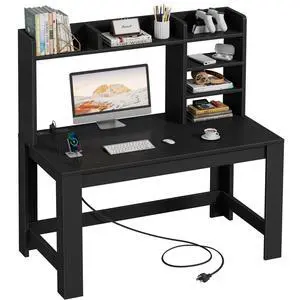 43" Black Gaming Desk with Hutch and Built-in Power Outlet | Modern Computer Desk with 3-Tier Storage Shelves and Hutch, Space-Saving Writing Table for Home Office 43" Black Gaming Desk with Hutch and Built-in Power Outlet | Modern Computer Desk with 3-Tier Storage Shelves and Hutch, Space-Saving Writing Table for Home Office