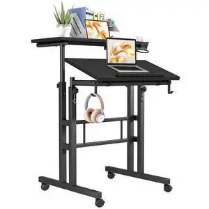 Height Adjustable Mobile Standing Desk, Tiltable Laptop Desk with Cup Holder & Hook, Portable Rolling Desk with Lockable Casters, Home Office Workstation for Standing/Sitting, Black Height Adjustable Mobile Standing Desk, Tiltable Laptop Desk with Cup Holder & Hook, Portable Rolling Desk with Lockable Casters, Home Office Workstation for Standing/Sitting, Black