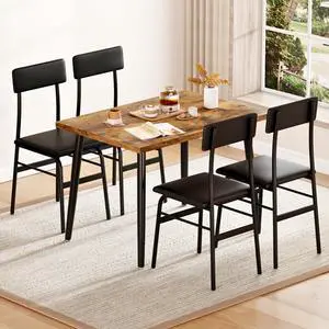 Dining Table Set for 4, Kitchen Table for Samll Space | 5 Piece Breakfast Table Set, 5 Upholstered Chairs, Dining Room, Apartment, Restaurant, Rustic Brown Dining Table Set for 4, Kitchen Table for Samll Space | 5 Piece Breakfast Table Set, 5 Upholstered Chairs, Dining Room, Apartment, Restaurant, Rustic Brown