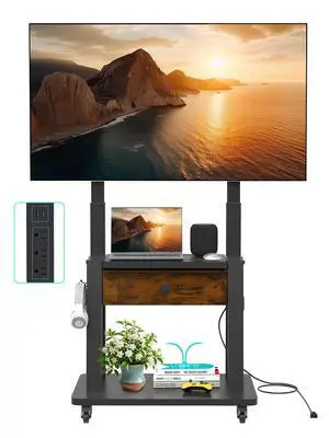 Rolling TV Stand with Power Outlet and Fabric Drawer for 32-75 Inch Flat/Curved Screen up to 220lbs LCD/LED/OLED Adjustable Height Mobile TV Cart with Wheels for Home Office Max VESA 600x400mm Rolling TV Stand with Power Outlet and Fabric Drawer for 32-75 Inch Flat/Curved Screen up to 220lbs LCD/LED/OLED Adjustable Height Mobile TV Cart with Wheels for Home Office Max VESA 600x400mm